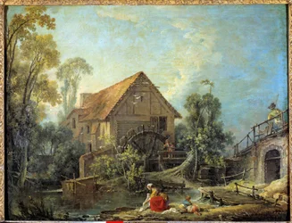 Młyn. Kobieta pierze bieliznę w strumieniu przy młynie wodnym. Obraz François Bouchera (1703-1770), 1751. 0.66 x 0.84 m