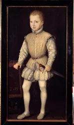 Portret Henryka IV Nawarry (1553-1610), dziecka w wieku 4 lat, podczas pobytu w Paryżu z rodzicami w 1557 roku, następnie księcia Nawarry Obraz Francoisa Bunela II (ok. 1552 – przed 1599). 1557. wym. 1,25x0,64m. Wersal, zamki w Wersalu
