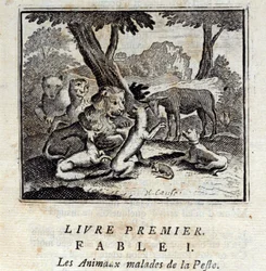 Zwierzęta chore na Plagę. Bajki Jean de La Fontaine (1621-95). Ilustracja Francois Chauveau (1613-1676). Wydanie z 1728 r.
