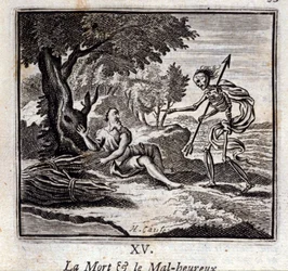 Śmierć i nieszczęśliwi. Bajki Jean de La Fontaine (1621-95). Ilustracja Francois Chauveau (1613-1676). Wydanie z 1728 r.