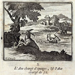 Osioł mnóstwo gąbek i osioł mnóstwo soli. Bajki Jean de La Fontaine (1621-95). Ilustracja autorstwa François Chauveau (1613-1676). Wydanie z 1728 r.
