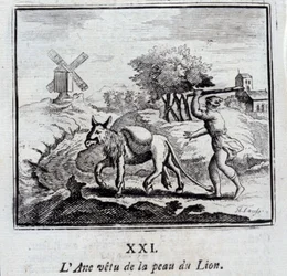 Osioł noszący skórę lwa. Bajki Jean de La Fontaine (1621-95). Ilustracja François Chauveau (1613-1676). Wydanie z 1728 r.