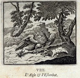 Orzeł i ślimak. Bajki Jean de La Fontaine (1621-95). Ilustracja Francois Chauveau (1613-1676). Wydanie z 1728 r.