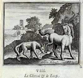 Koń i wilk Bajki Jean de La Fontaine (1621-95). Ilustracja François Chauveau (1613-1676). Wydanie z 1728 r.