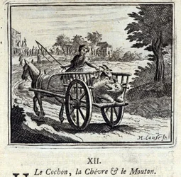 Świnia Koza i Mut.Bajki Jean de La Fontaine (1621-95). Ilustracja Francois Chauveau (1613-1676). Wydanie z 1728 r.