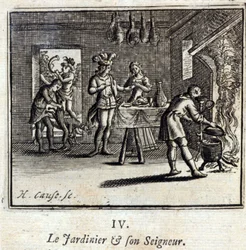 Ogrodnik i jego pan Bajki Jean de La Fontaine (1621-95). Ilustracja François Chauveau (1613-1676). Wydanie z 1728 r.