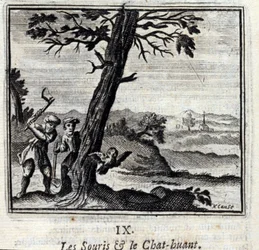 Jean de La Fontaine (1621-95) Myszy i Huant Cat. Ilustracja Francois Chauveau (1613-1676). Wydanie z 1728 r.