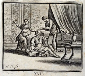 Mężczyzna w wieku od dwóch do dwóch kochanek. Bajki Jean de La Fontaine (1621-95). Ilustracja Francois Chauveau (1613-1676). Wydanie z 1728 r.