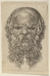 Maska łysego mężczyzny ze spiczastymi uszami i długą, rozchyloną brodą, z Divers Masques, ca. 1635-45.