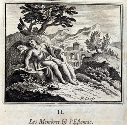 Członkowie i żołądek. Bajki Jean de La Fontaine (1621-95). Ilustracja autorstwa François Chauveau (1613-1676). Wydanie z 1728 r.