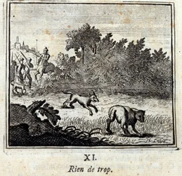 Nic za dużo. Bajki Jean de La Fontaine (1621-95). Ilustracja Francois Chauveau (1613-1676). Wydanie z 1728 r.