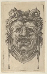 Maska Satyra z zakręconymi rogami, ulistnionymi brwiami i chusteczką wiszącą pod brodą, ca. 1635-45.