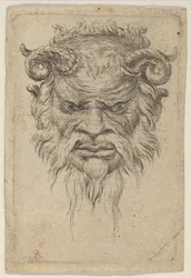 Maska Satyra z zakręconymi rogami patrzącymi w dół, z Divers Masques, ca. 1635-45.
