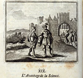 Zaleta nauki. Bajki Jean de La Fontaine (1621-95). Ilustracja Francois Chauveau (1613-1676). Wydanie z 1728 r.