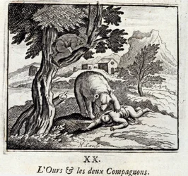 Niedźwiedź i dwaj towarzysze. Bajki Jean de La Fontaine (1621-95). Ilustracja François Chauveau (1613-1676). Wydanie z 1728 r.