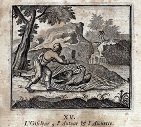Ptaszek dookoła i Alouette. Bajki Jean de La Fontaine (1621-95). Ilustracja François Chauveau (1613-1676). Wydanie z 1728 r.