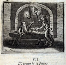 Pijany i jego żona. Bajki Jean de La Fontaine (1621-95). Ilustracja autorstwa François Chauveau (1613-1676). Wydanie z 1728 r.