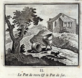 Garnek na ziemię i żelazny garnek. Bajki Jean de La Fontaine (1621-95). Ilustracja François Chauveau (1613-1676). Wydanie z 1728 r.