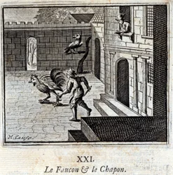 Sokół i kapon. Bajki Jean de La Fontaine (1621-95). Ilustracja autorstwa François Chauveau (1613-1676). Wydanie z 1728 r.