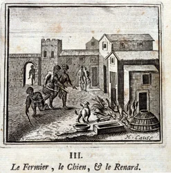 Rolnik, pies i lis. Bajki Jean de La Fontaine (1621-95). Ilustracja François Chauveau (1613-1676). Wydanie z 1728 r.