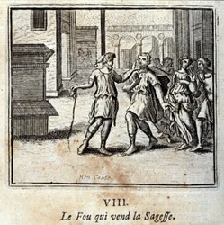 Fou, który sprzedaje mądrość. Bajki Jean de La Fontaine (1621-95). Ilustracja Francois Chauveau (1613-1676). Wydanie z 1728 r.