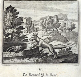 The Fox and the Bouc.Fables Jean de La Fontaine (1621-95). Ilustracja François Chauveau (1613-1676). Wydanie z 1728 r.