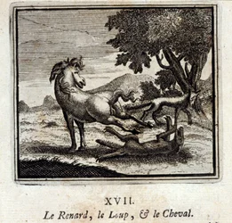 Lis, Wilk i Koń. Bajki Jean de La Fontaine (1621-95). Ilustracja autorstwa François Chauveau (1613-1676). Wydanie z 1728 r.