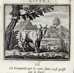 Żaba, która chce być tak duża jak Wołowina. Bajki Jean de La Fontaine (1621-95). Ilustracja autorstwa François Chauveau (1613-1676). Wydanie z 1728 r.