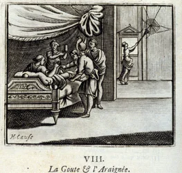 Dna i Pająk. Bajki Jean de La Fontaine (1621-95). Ilustracja Francois Chauveau (1613-1676). Wydanie z 1728 r.