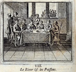 Śmiech i ryby. Bajki Jean de La Fontaine (1621-95). Ilustracja François Chauveau (1613-1676). Wydanie z 1728 r.