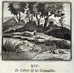 Lievre i żaby. Bajki Jean de La Fontaine (1621-95). Ilustracja François Chauveau (1613-1676). Wydanie z 1728 r.