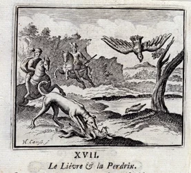 Lievre i Pardrix. Bajki Jeana de La Fontaine (1621-95). Ilustracja François Chauveau (1613-1676). Wydanie z 1728 r.