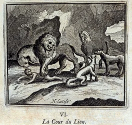 Dwór Lwa. Bajki Jean de La Fontaine (1621-95). Ilustracja François Chauveau (1613-1676). Wydanie z 1728 r.