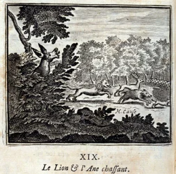Polowanie na lwa i osła. Bajki Jean de La Fontaine (1621-95). Ilustracja François Chauveau (1613-1676). Wydanie z 1728 r.