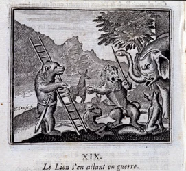 Lew idzie na wojnę. Bajki Jean de La Fontaine (1621-95). Ilustracja Francois Chauveau (1613-1676). Wydanie z 1728 r.