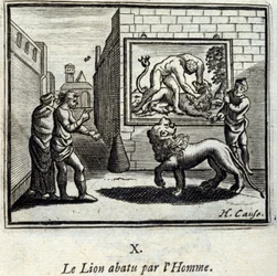 Lew zestrzelony przez człowieka. Bajki Jean de La Fontaine (1621-95). Ilustracja François Chauveau (1613-1676). Wydanie z 1728 r.