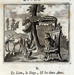 The Lion the Monkey and the Two Anes.Bajki Jean de La Fontaine (1621-95). Ilustracja François Chauveau (1613-1676). Wydanie z 1728 r.