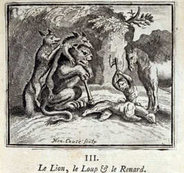 Lew, Wilk i Lis. Bajki Jean de La Fontaine (1621-95). Ilustracja François Chauveau (1613-1676). Wydanie z 1728 r.