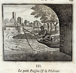 Mała Rybka i Rybak. Bajki Jean de La Fontaine (1621-95). Ilustracja autorstwa François Chauveau (1613-1676). Wydanie z 1728 r.