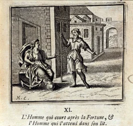 Człowieka, który biegnie za Fortuną i Człowieka, który czeka na niego w łóżku. Bajki Jean de La Fontaine (1621-95). Ilustracja François Chauveau (1613-1676). Wydanie z 1728 r.