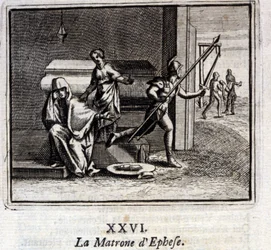 Matrona Efezu. Bajki Jean de La Fontaine (1621-95). Ilustracja Francois Chauveau (1613-1676). Wydanie z 1728 r.