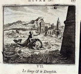 Małpa i delfin. Bajki Jean de La Fontaine (1621-95). Ilustracja Francois Chauveau (1613-1676). Wydanie z 1728 r.