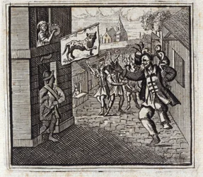 Małpa i lampart. Bajki Jean de La Fontaine (1621-95). Ilustracja Francois Chauveau (1613-1676). Wydanie z 1728 r.