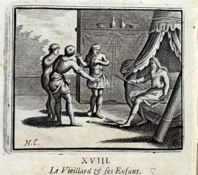 Stary człowiek i jego dzieci. Bajki Jean de La Fontaine (1621-95). Ilustracja François Chauveau (1613-1676). Wydanie z 1728 r.