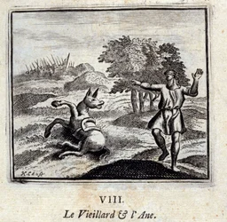 Stary człowiek i osioł. Bajki Jean de La Fontaine (1621-95). Ilustracja François Chauveau (1613-1676). Wydanie z 1728 r.