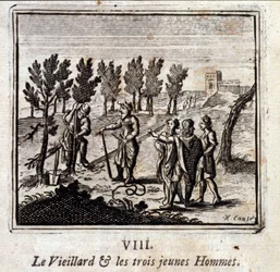 Stary człowiek i trzej młodzi mężczyźni. Bajki Jean de La Fontaine (1621-95). Ilustracja François Chauveau (1613-1676). Wydanie z 1728 r.