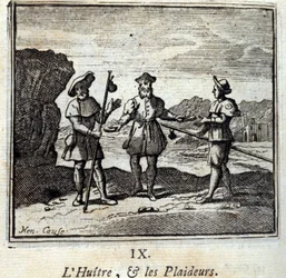 Ostryga i strony procesowe. Bajki Jean de La Fontaine (1621-95). Ilustracja autorstwa François Chauveau (1613-1676). Wydanie z 1728 r.