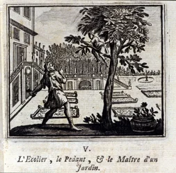 Szkoła Pedantów i Mistrz Ogrodu. Bajki Jean de La Fontaine (1621-95). Ilustracja François Chauveau (1613-1676). Wydanie z 1728 r.