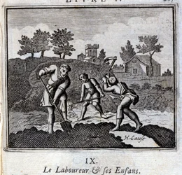 Ploureur i jego dzieci. Bajki Jean de La Fontaine (1621-95). Ilustracja Francois Chauveau (1613-1676). Wydanie z 1728 r.