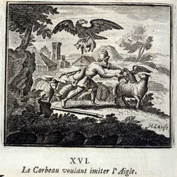 Kruk chcący naśladować Orła. Bajki Jean de La Fontaine (1621-95). Ilustracja François Chauveau (1613-1676). Wydanie z 1728 r.